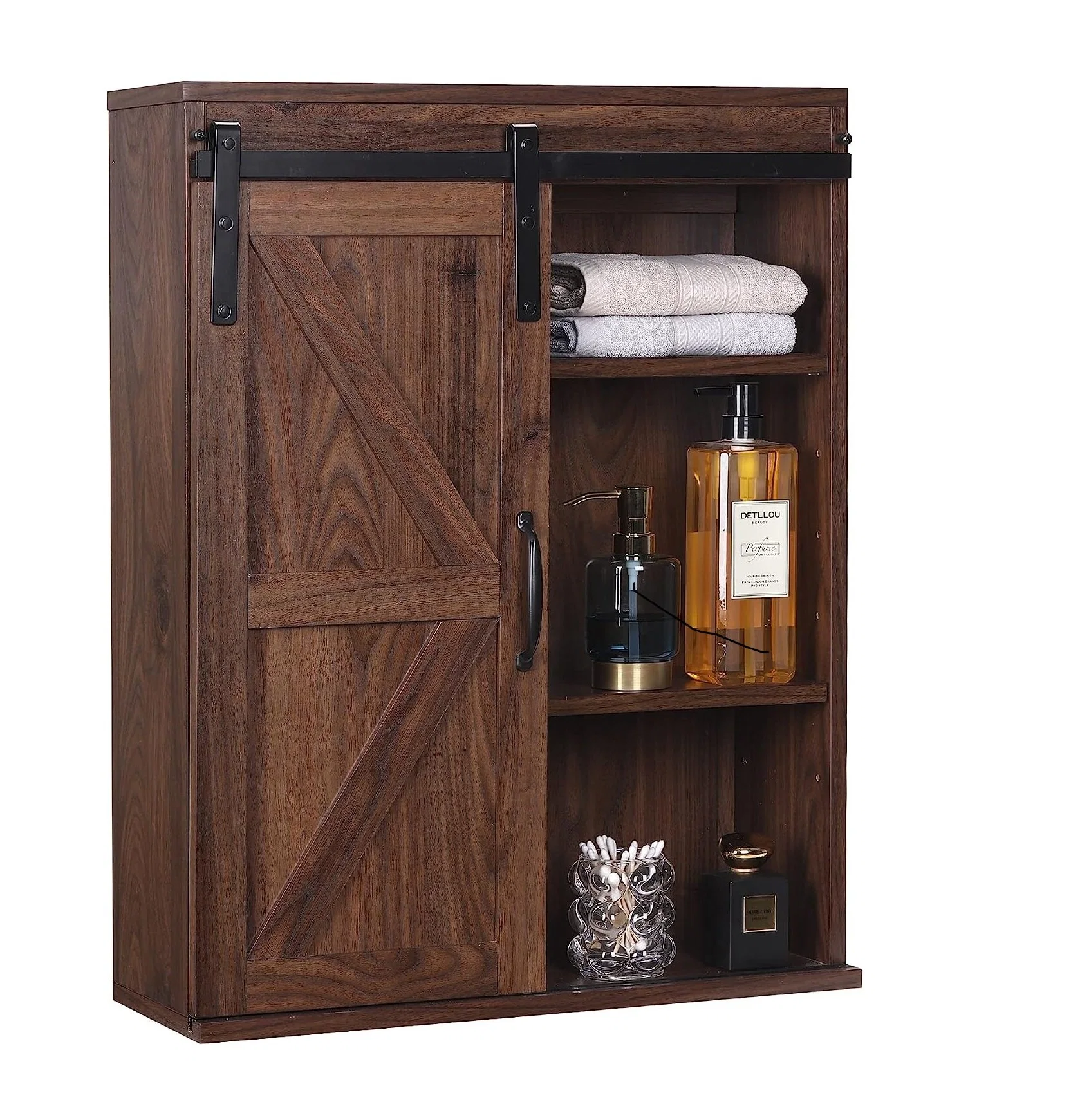 Farmhouse Wood Bathroom Cabinet Wall Storage with Sliding Barn Door Adjustable Shelf for Kitchen Dining Bathroom Living Room