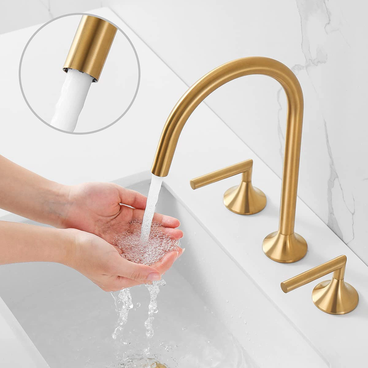 Luxus Rose Gold Badezimmer Wasserhahn 3 Loch Bassin Wasserhahn mit Ablassen