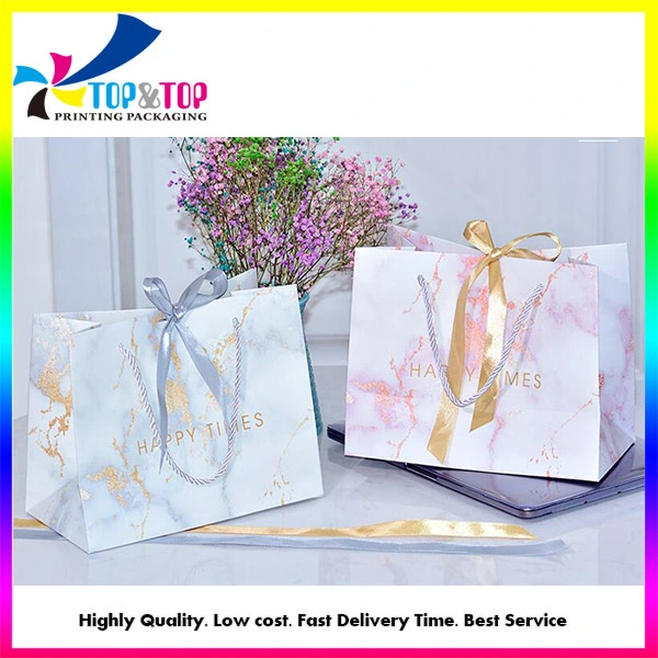 Custom Cardboard Marble Pattern Boutique Wedding Candy Business Clothing Shopping Packaging Paper Gift Bag with Bow