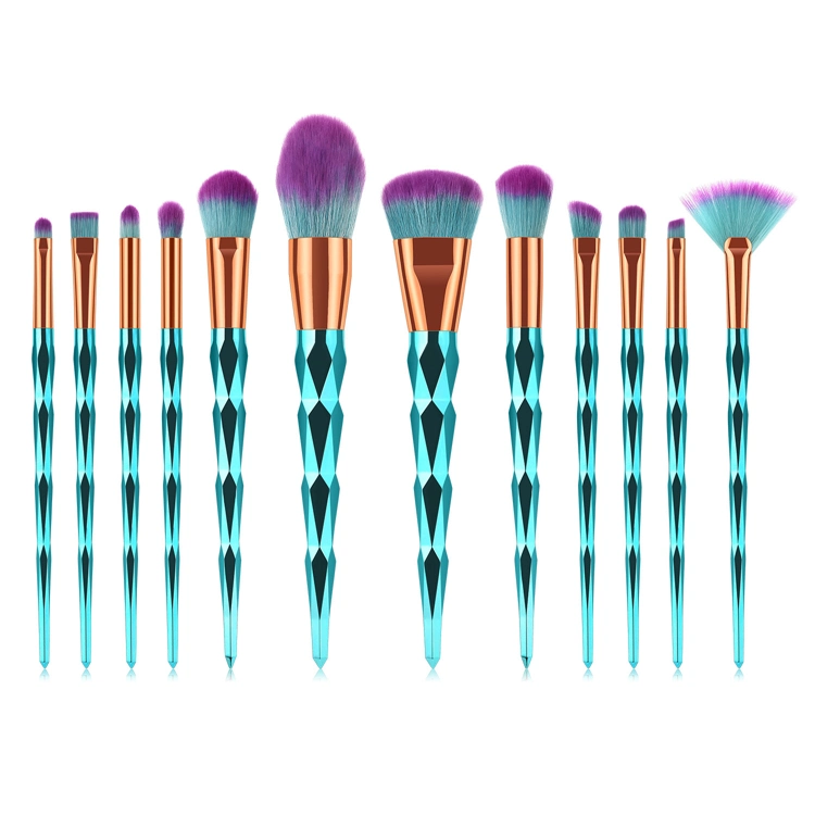 12pcs Blau Farbe Diamant Form Griff Make-up Pinsel Set Professional Foundation Blush Powder Eyeshadow Cosmetic Brushes Kit