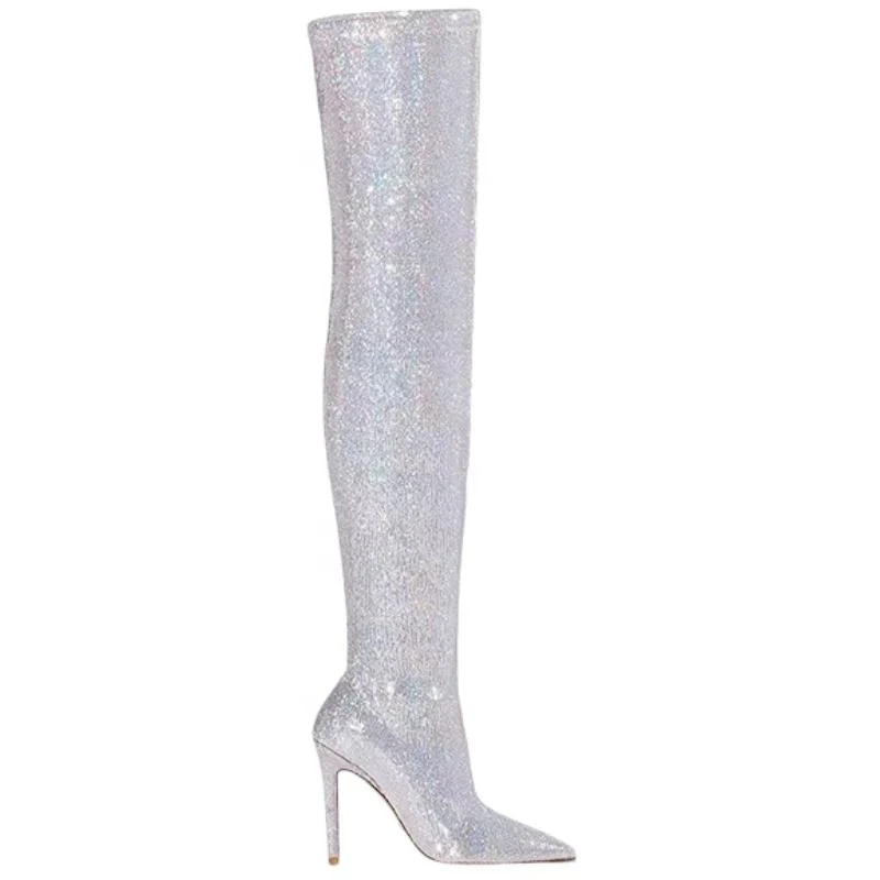 New Sexy Pointy Toe Super Stiletto Heel Ladies Long Boots Female Shoes Thigh-High Stylish Sequin Fashion Over The Knee Boots for Women