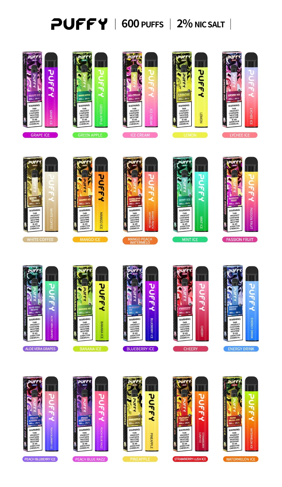 VAPE eléctrico de VAPE cigarrillos simples E líquido 600 Puff Wholesale/Supplier Vision batería de giro 0% 2% 5% NIC Puffy Barra de lápiz batería