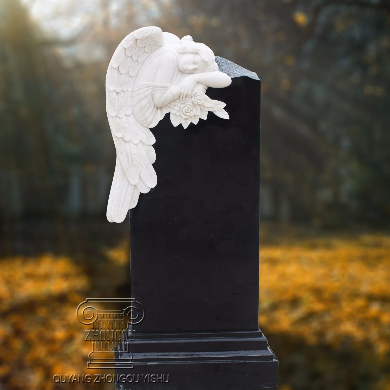 Black Granite Tombstone with White Marble Angel Monument