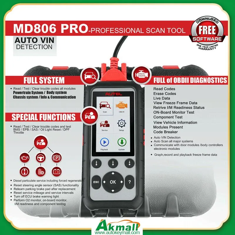 Autel Scanner MD806PRO Diagnose-Scan-Tool komplettes System mit Live-Daten, DTC-Abfrage, kostenloses Update 7 Special Service