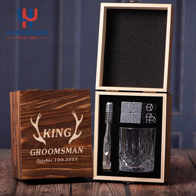 Premium Old Fashioned Whiskey Glass Set with 4 Granite Chilling Stone Custom Logo Crystal Clear Whisky Stones Gift Set in Wooden Box for Cocktail Liquor Wine