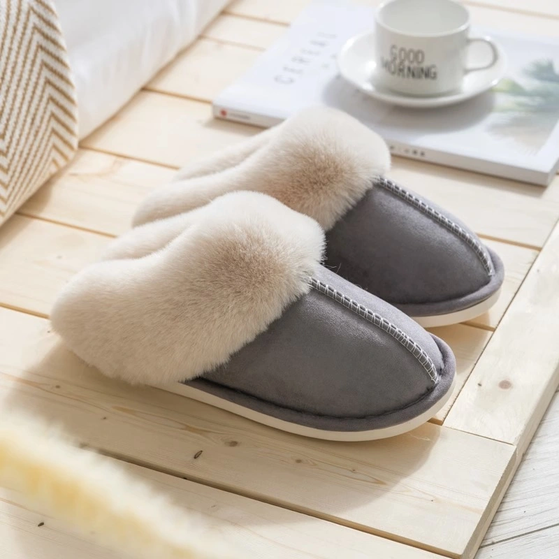 Soft Plush Anti-Slip Otoño Invierno Mujer Casa exterior simple grueso Zapatillas de suela