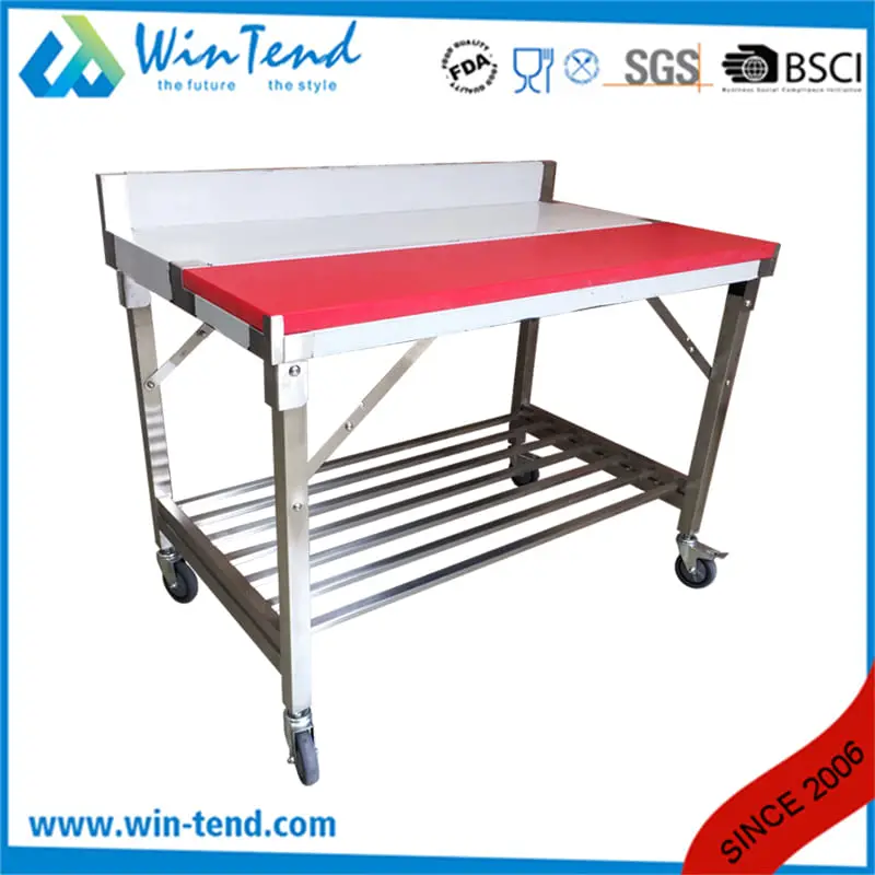 Best Offer Folding Stainless Steel Work Table with PE Board and Wheels