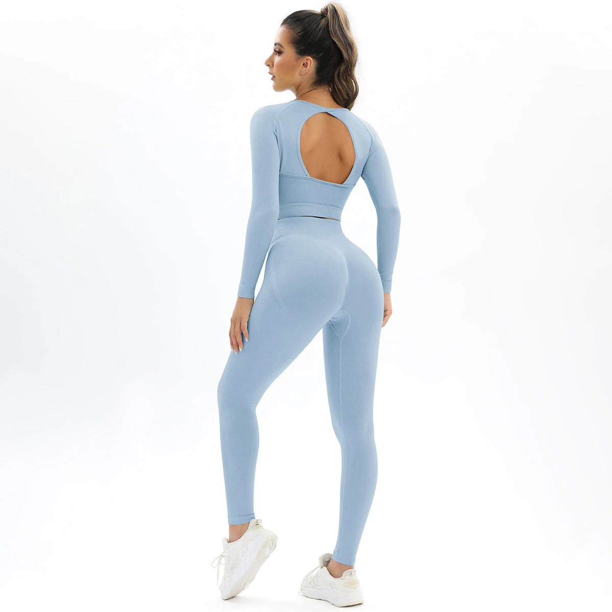 Perfecta Backless durazno tejido elástico alto de manga larga traje Yoga fitness femenino de Deportes de la ejecución de dos piezas