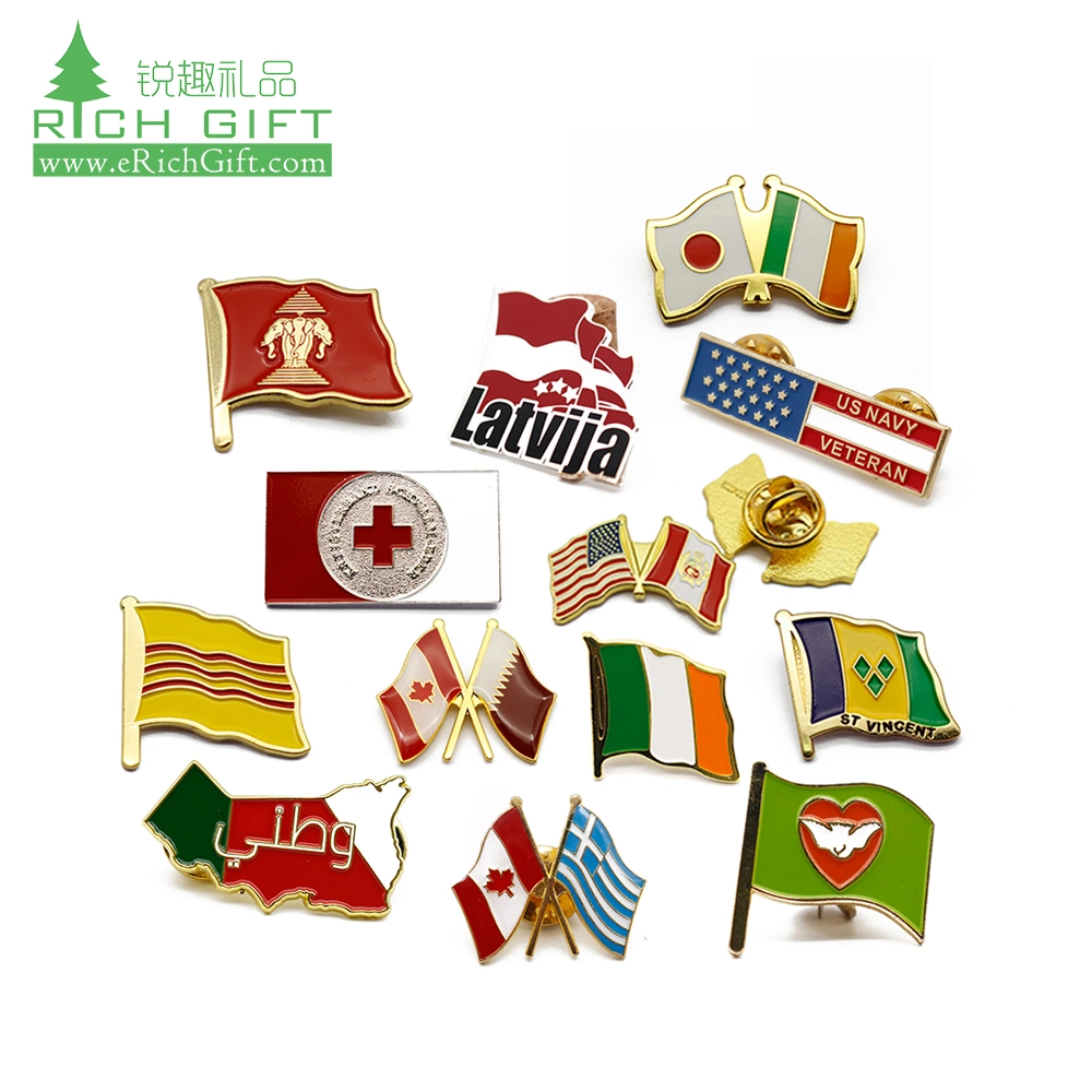 Comercio al por mayor de esmalte Metal personalizado Australia India Nigeria Pakistán Nacional Rainbow Us ESTADOS UNIDOS Cross Canadian Polo insignias American Stick delgada línea azul bandera del país Pins