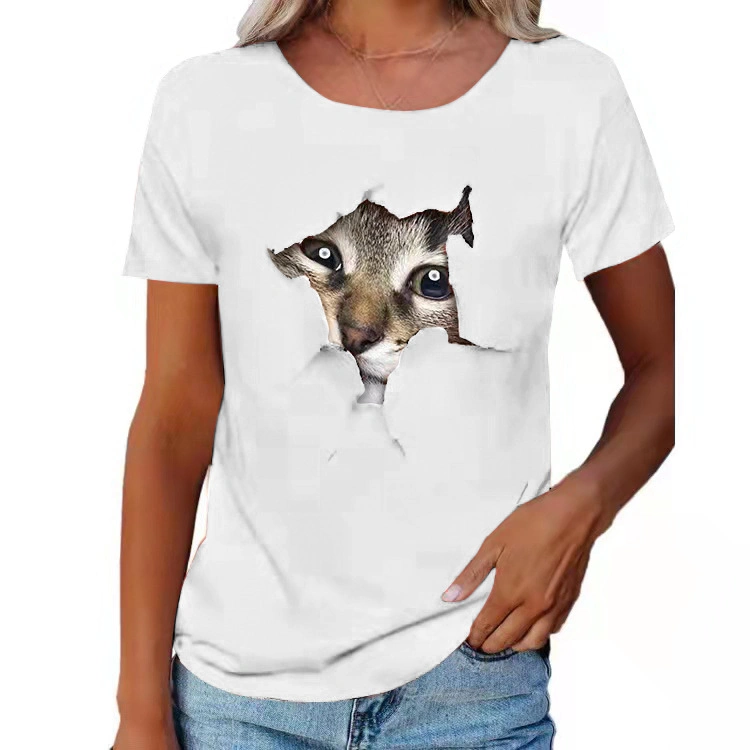 Mayorista/Proveedor personalizadas T-shirt mujer imprimir el gráfico de moda ropa de damas en 3D TEE Camiseta Cat Tops