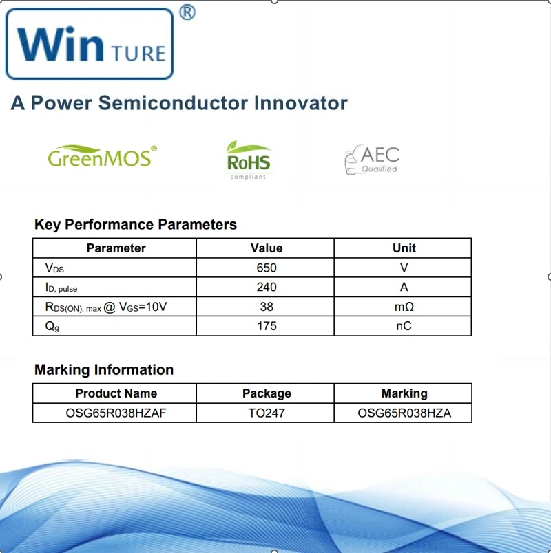 Aumentar la topología de la PFC Server Power extremadamente baja pérdida de conmutación hzaf Osg65R038a247 Vds 650V RDS38mΩ Diodo de recuperación rápida de Mosfet de regulador de voltaje alto