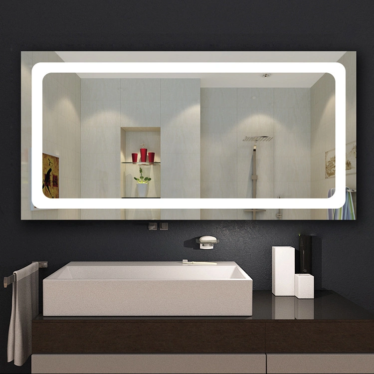 Ванная комната под руководством Wall-Mounted Anti-Fog зеркало для макияжа с помощью освещения с регулируемой яркостью и нажмите кнопку (по горизонтали/по вертикали)