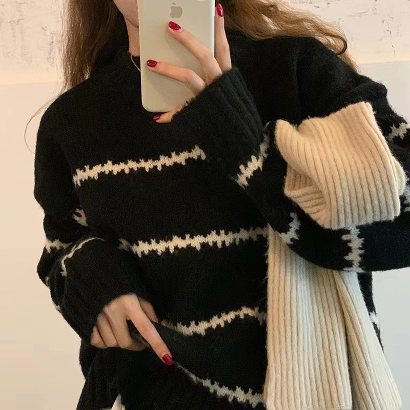 Soft Waxy Round Neck Pullover Sweater Female 2023 Autumn and Winter New Design Sense Striped Knitted Shirt Lazy Wind Top Wholesale/Supplier