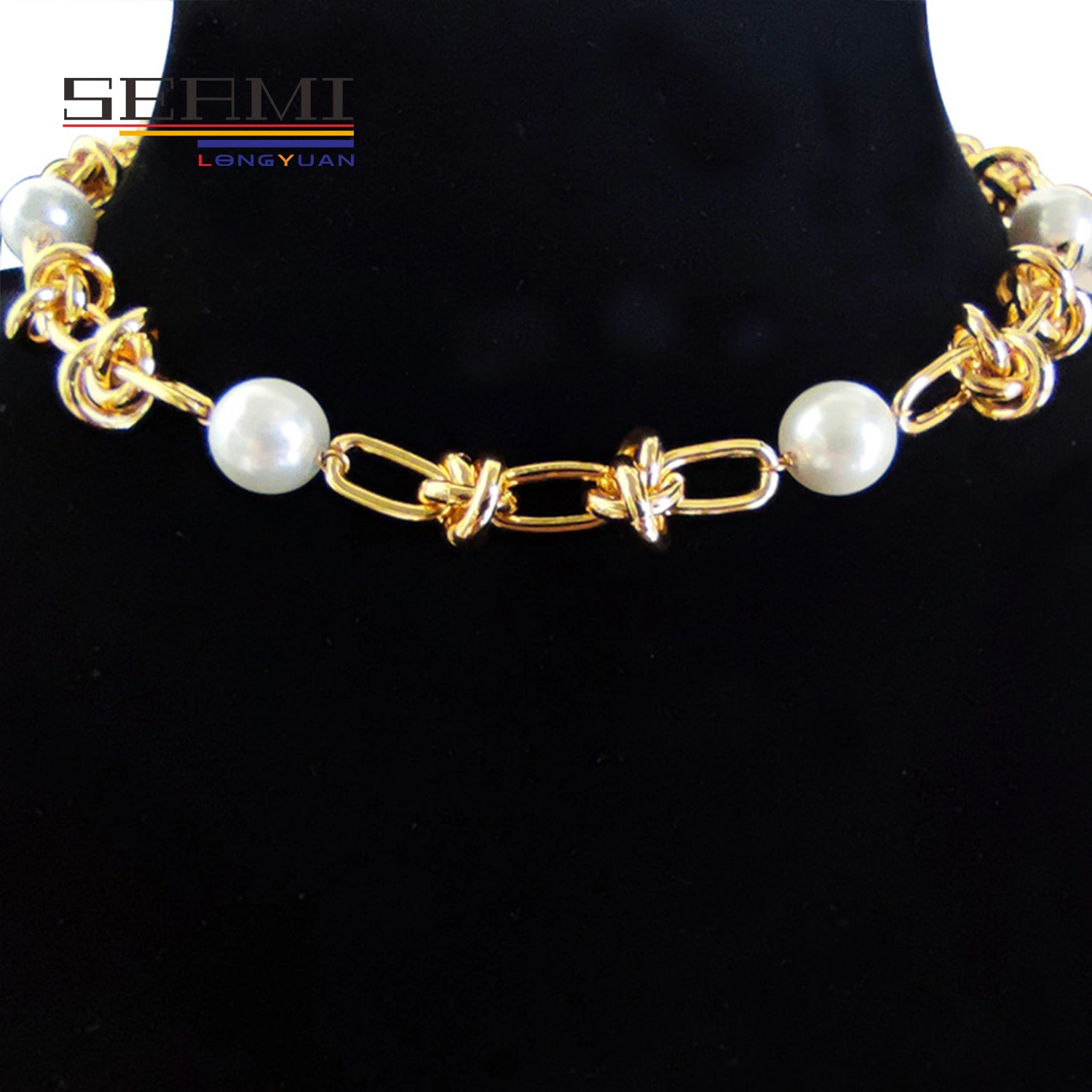 Dainty 18K Gold Link Chain Freshwater Pearl Knot Choker Nekclace