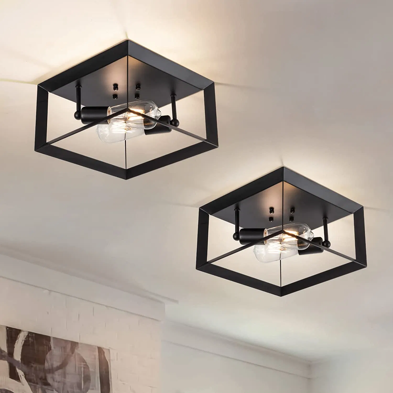 Semi Flush Mount Ceiling Light Fixture Black 11" Modern Industrial Square Metal Ceiling Light Farmhouse Lighting Ceiling for Kitchen Island Living Room