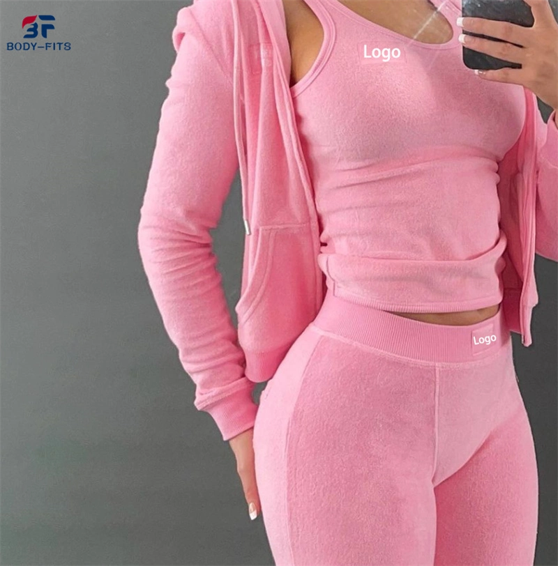 El otoño de dos piezas 2022 Terry toalla Bodysuit Streetwear emparejador de Mujeres Rosa llano Juego de arriba sudadera y pantalón Zip Establecer Sweatsuit