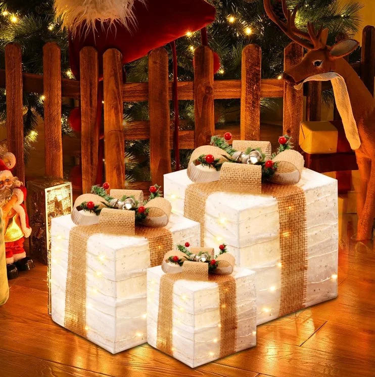 Waterproof Tinsel LED Foldable Yard Road Gift Boxes Shrink Collapsible Garden Foldable Christmas Motif Light Decorations