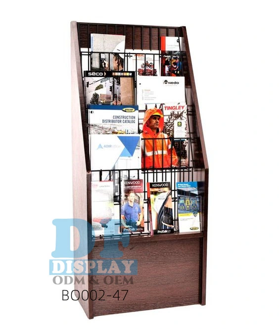 Removable 4 Side Revolving Slotwall Wood Book Magazine Brochure Display Stand with Wheels Metal Display Rack