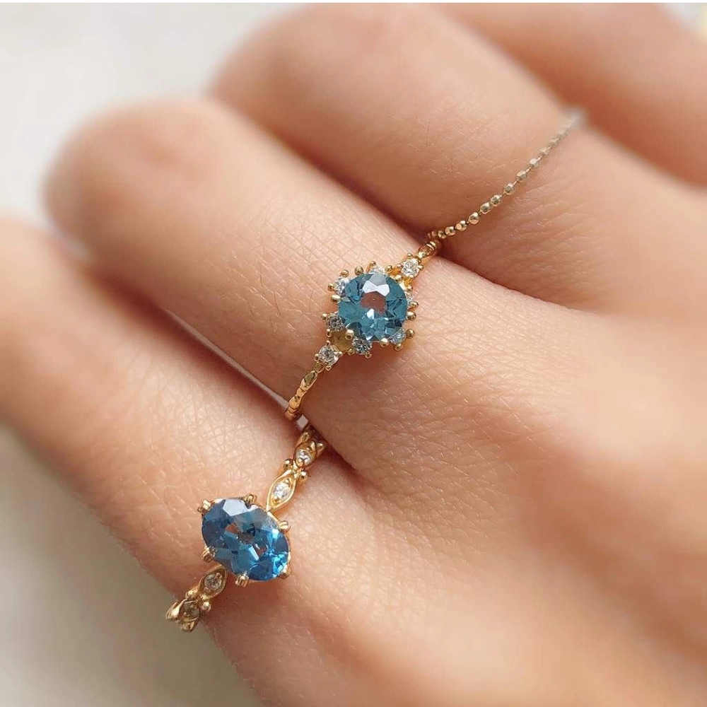 Peishang Brand 925 Sterling Silver Natural Stone Blue Topaz Ring Gold Plated Cubic Zirconia Women Ladies Rings Jewelry Custom