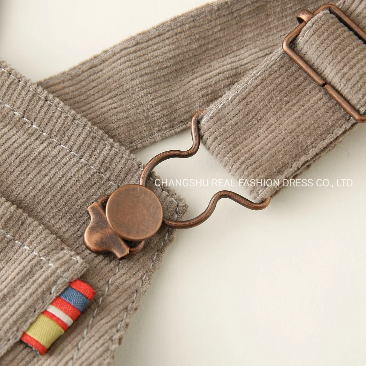 Boy Baby Coffee Woven Corduroy Suspender Pant Clothes with Embroidery and Metal Ring