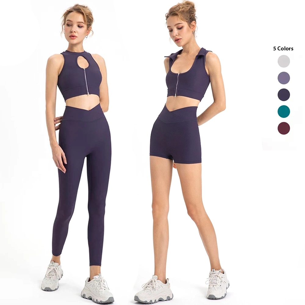 Tianchen Factory Custom Luxury and Sexy Ribbed Gym Wear for Ladies, 2/3/4 PCS Womens Zip up Fitness Top + Cross Waist Yoga Shorts Leggings Fashion Sportswear