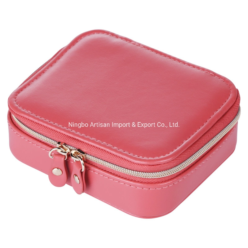 Factory Portable Double Zipper Rectangle Soft PU Jewelry Storage Box