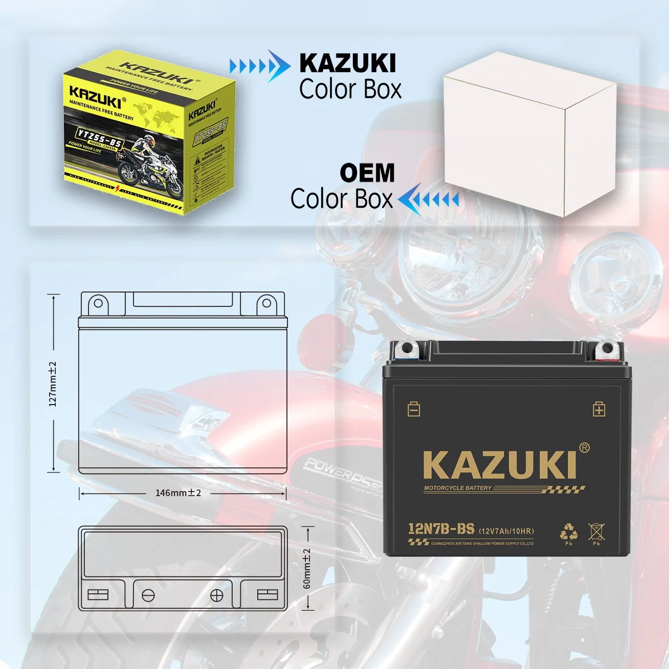 Kazuki 12n7-3A 12V7ah batería/Mantenimiento carga seca libre batería de motocicleta