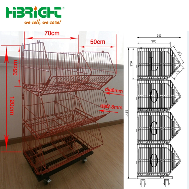 Five Tiers Customizing Wire Basket Display Stand with Wheels