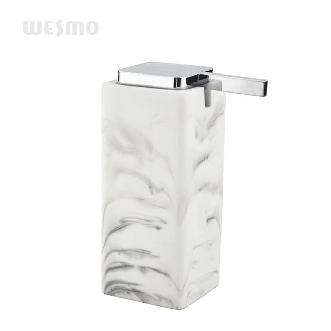 Square Polyresin Bathroom Accessory Set with a Movable Plastic Bottle Inside