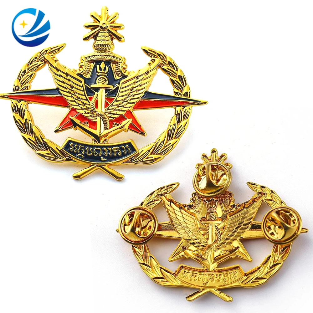 Custom Metal Schield, School Sport Company Activity Colthing Decoration Lapel Pin Soft Enamel Security Badge for Promotional Gift Cambodian Military Metal Badge