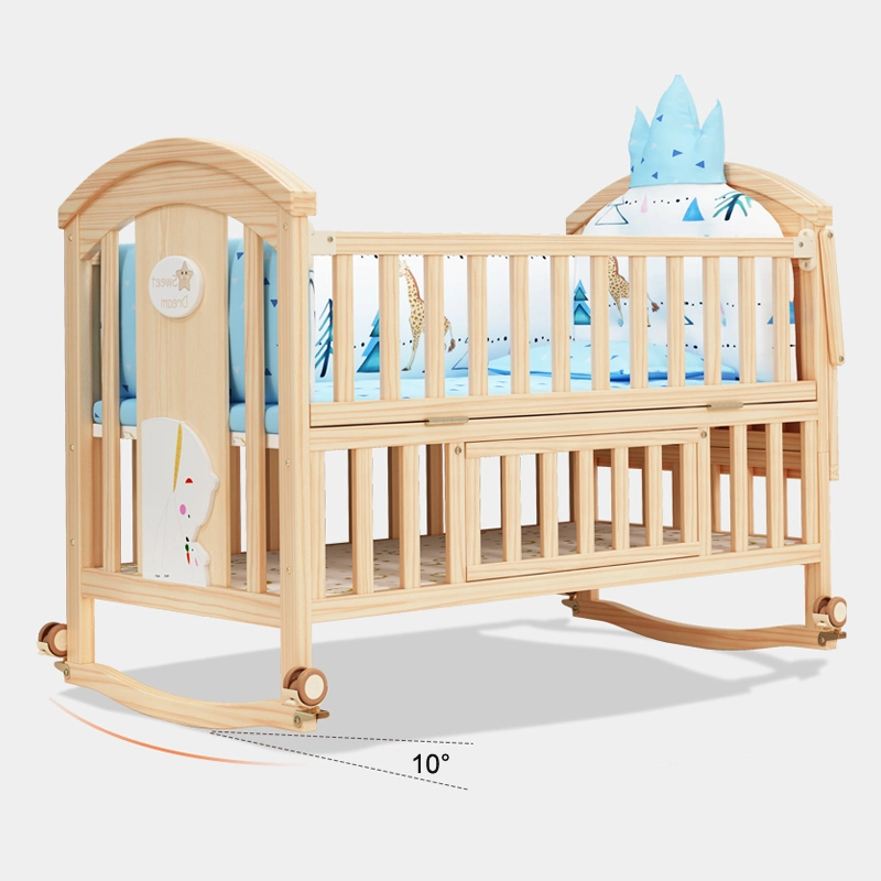 Natural Unpainted Wooden Baby Crib Bed Guardrail with Storage Drawers