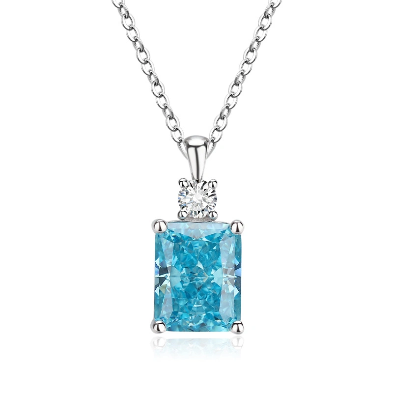 S925 Sterling Silver Ice Cut Color Zirconium Pendant Exploding Flash 8*10 Rectangular Collarbone Chain