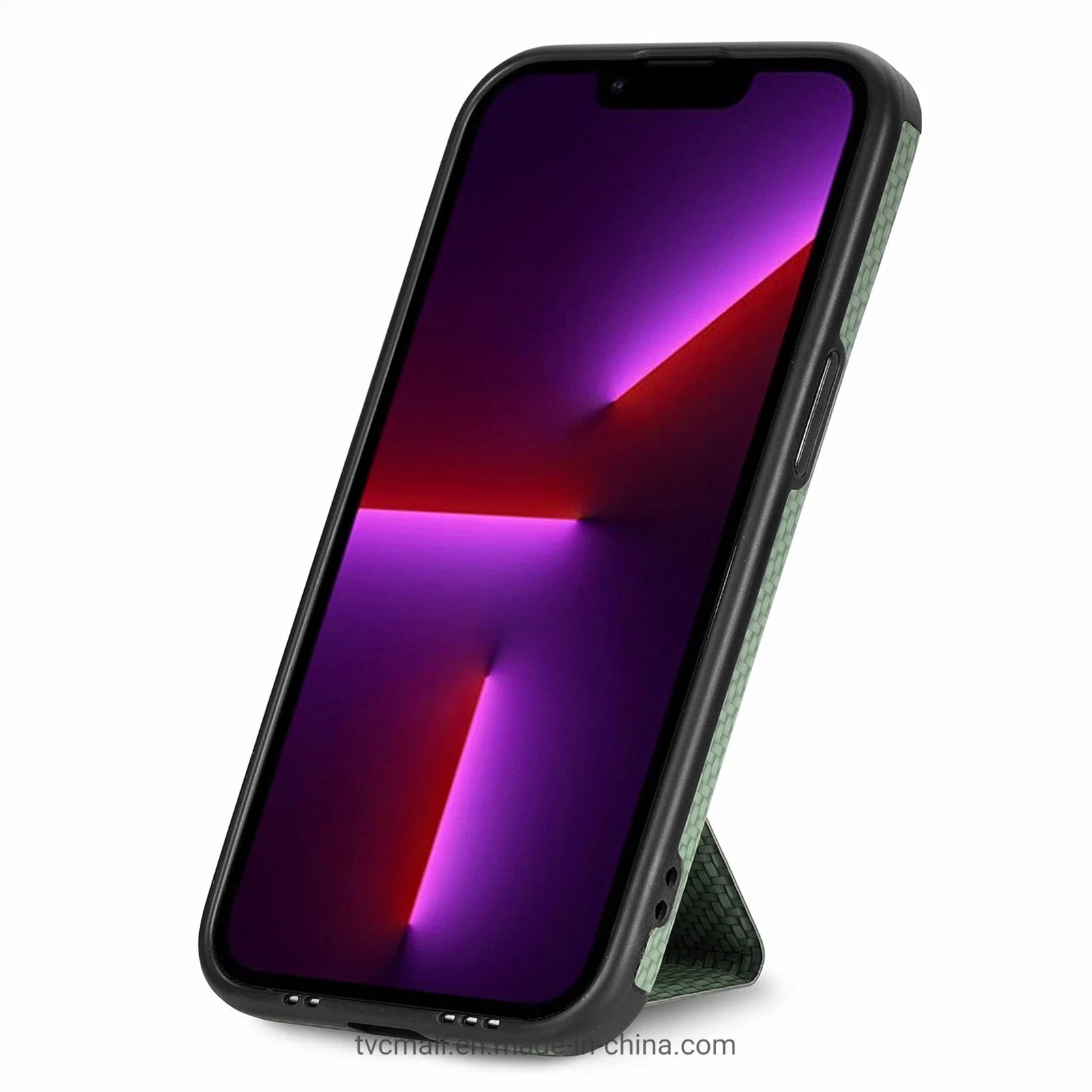 K-Shape Kickstand Leder beschichtet TPU-Fall für iPhone 13 pro 6,1 Zoll, Carbon-Faser Textur Telefon Cover mit Kartenhalter und integrierte Metallfolie - Grün