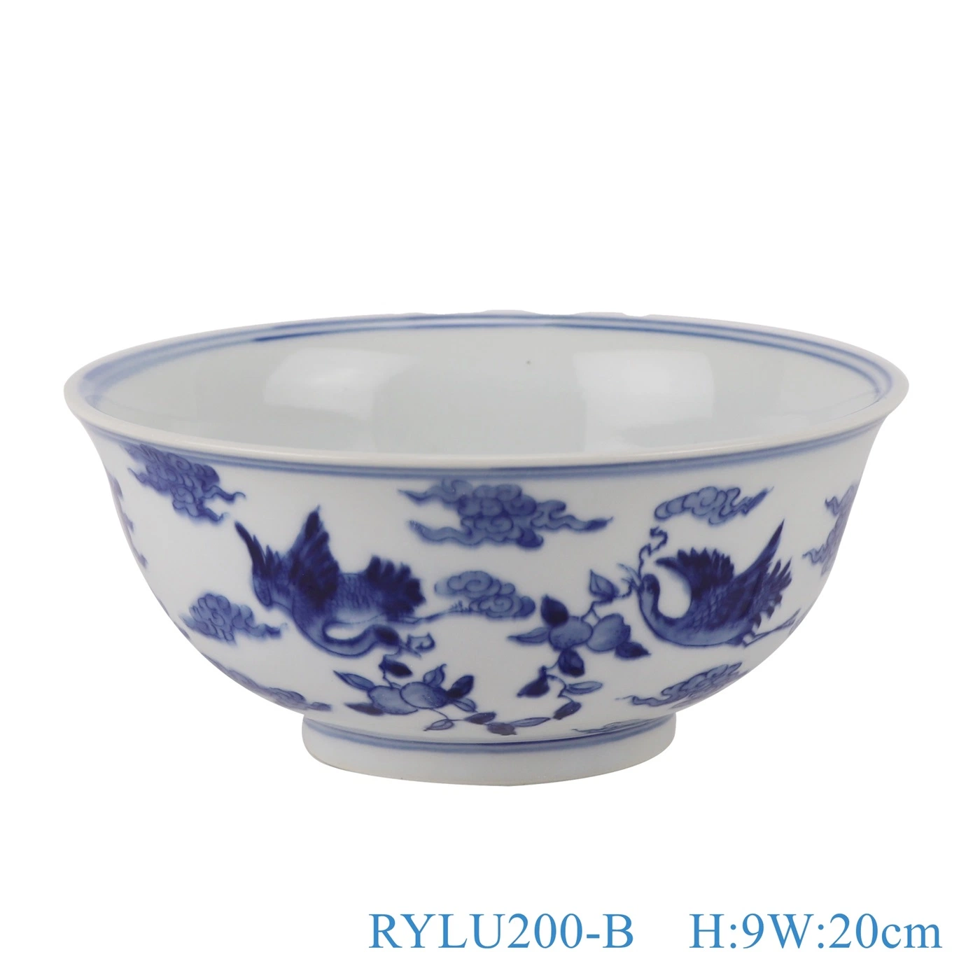 Porcelain Lion Crane Bird, Lotus Peony Flower Landscape Ceramic Bowl Blue and White Round Planter