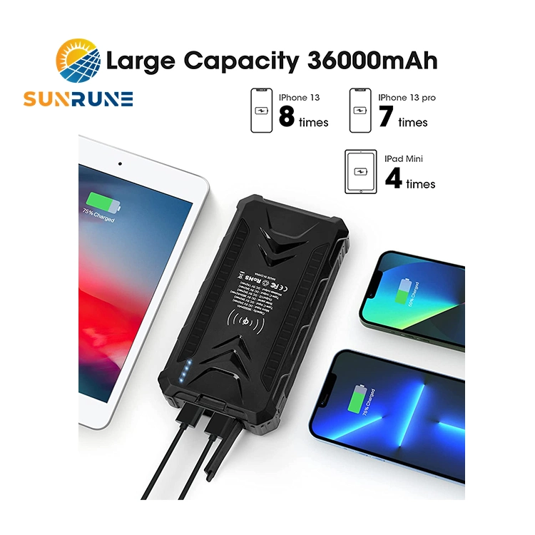 New Technology 30000mAh Solar Charger Larger Capacity 36000mAh Solar Wireless Charger with Built 3 in 1 Cable and LED Light