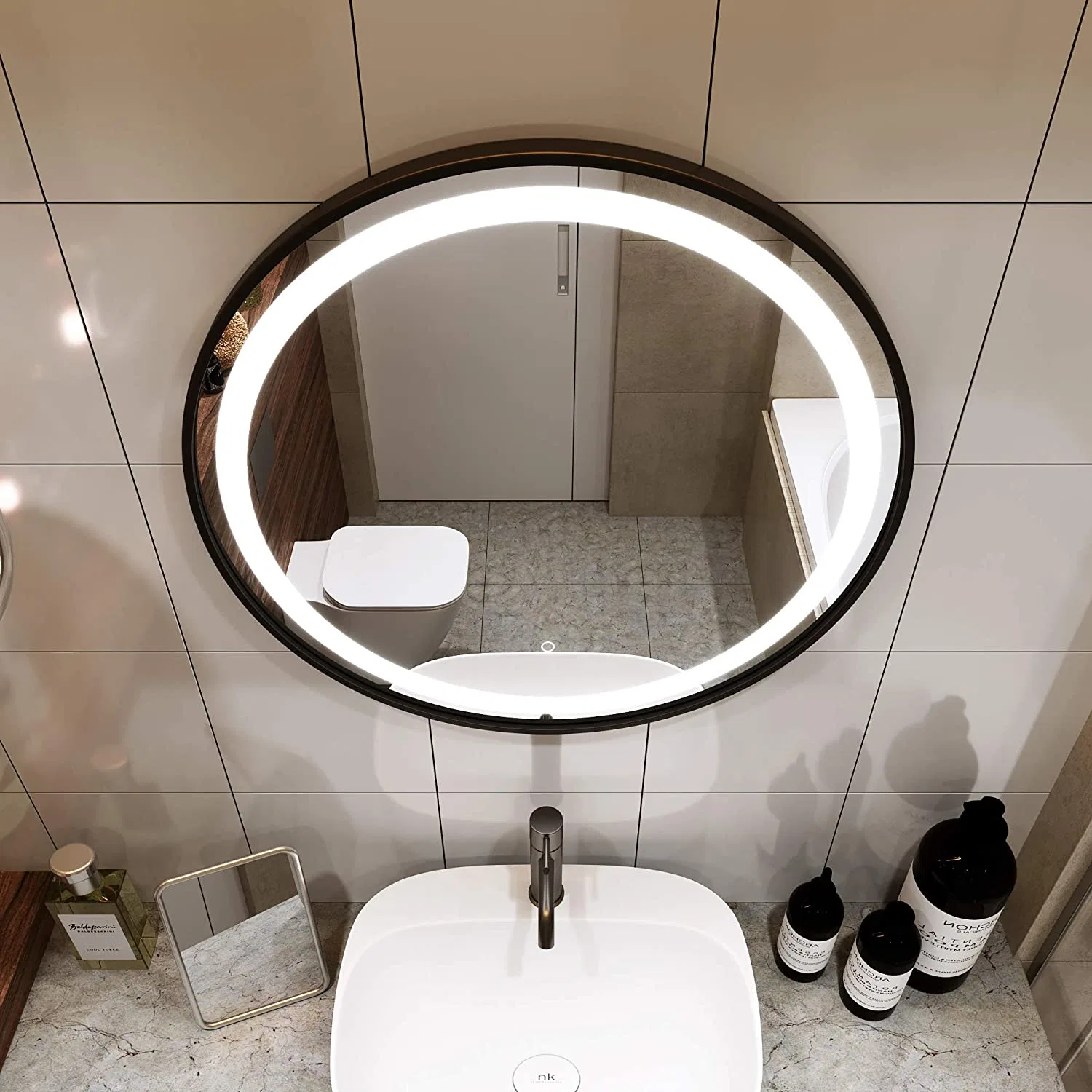 Cadre en acier noir Miroir de salle de bain rond avec éclairage LED personnalisé