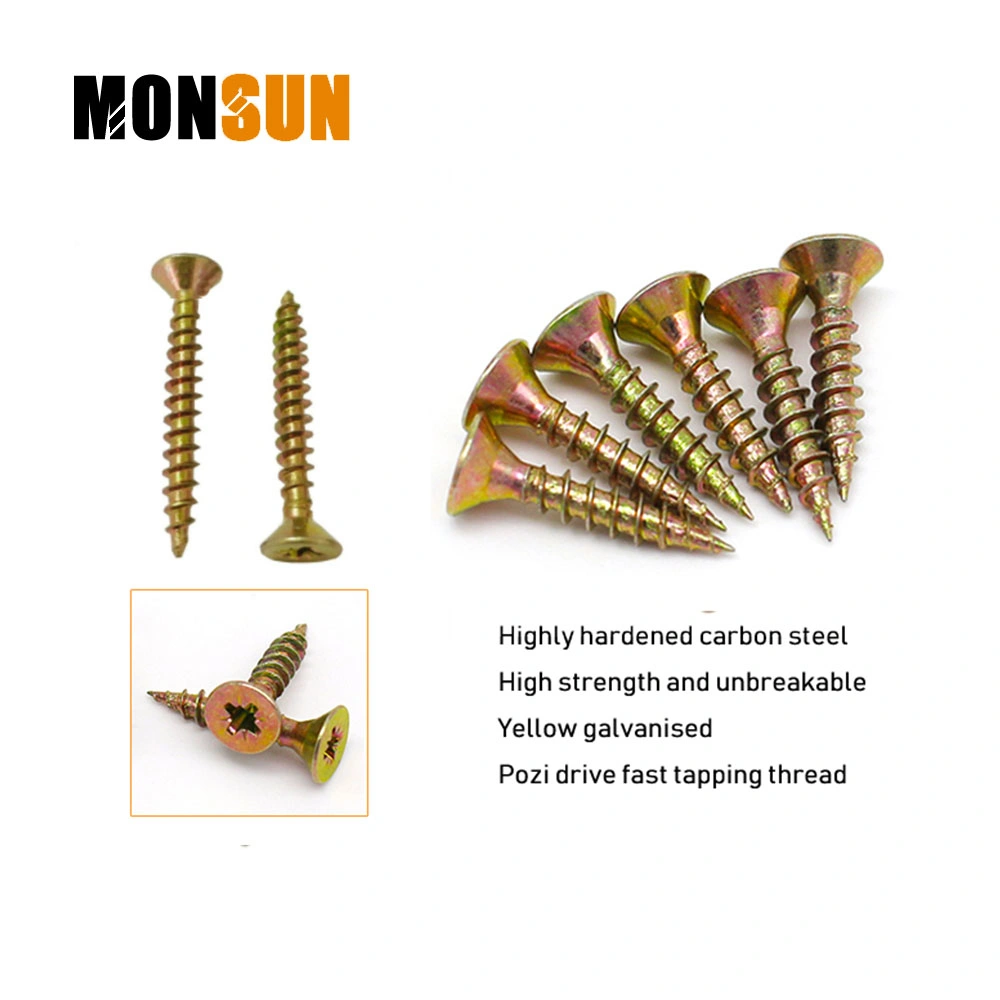 Yellow Clear Zinc Plated Pozidriv Csk Countersunk Head Fasteners Hardware Galvanised Cabinet Wood / Chipboard Screw Made in China