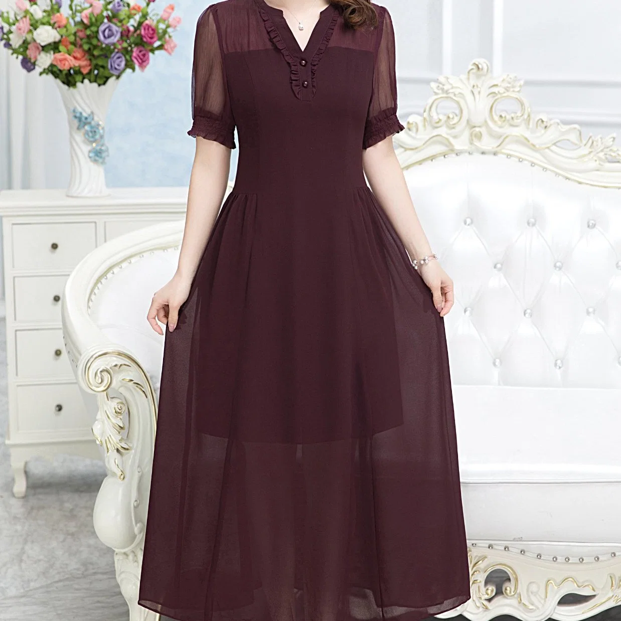 New Summer Ankle-Length Lace Short-Sleeved V-Neck with Button A-Line Plus Size Dresses Women