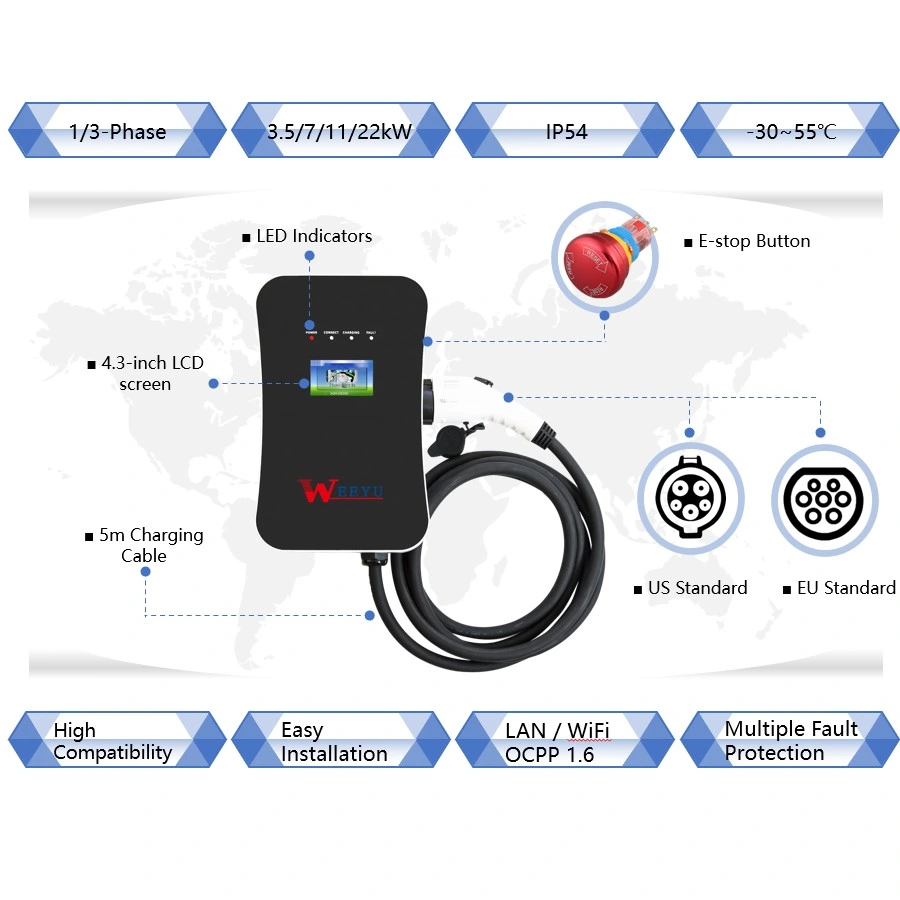 22kw Fast EV Charger for Electric Vehicle Charging Station European Standard IEC 62196-2 EV Charging Pile for Commercial for Home Use