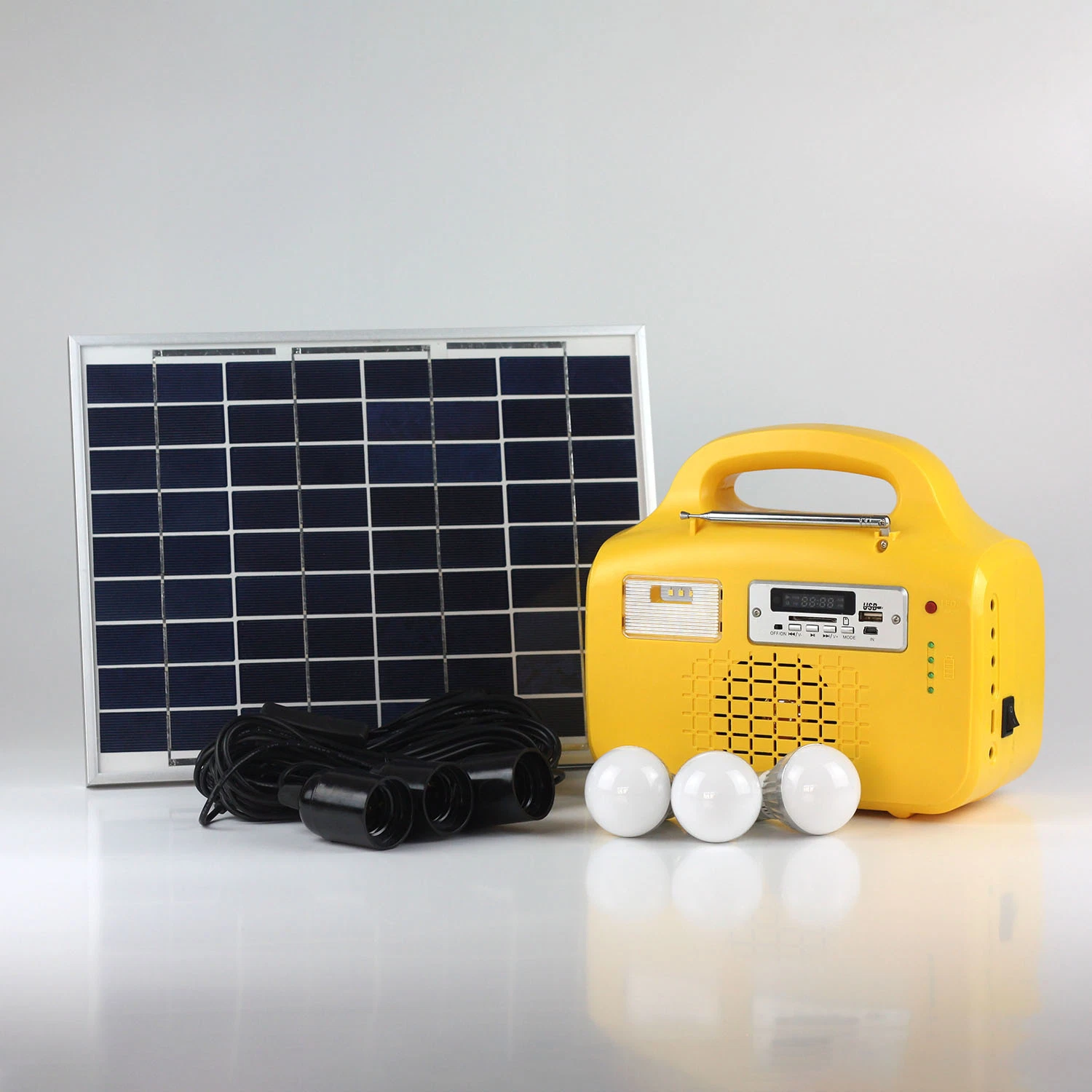 CE RoHS SGS Support 10W Portable Solar Panel System Home System with Mobile Phone Charger/MP3/FM Radio/3 LED Bulbs