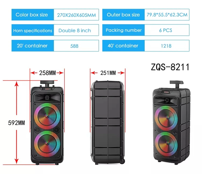 Zqs 8211 RGB Trolley Duplo woofers de 8 polegadas, 40 W Bluetooth Altifalante