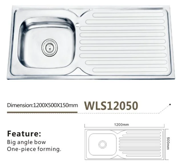 Stainless Kitchen Wash Sink Single Bowl with Drain, One Piece Forming Wls12050