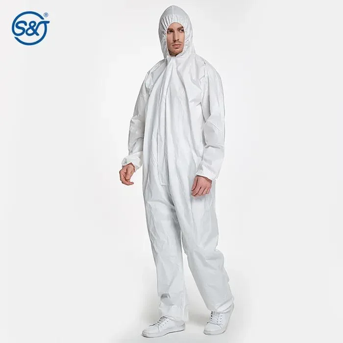 SJ Microporous desechables monos de alta calidad transpirable Hooded Zip apertura Mono protector con puños elásticos