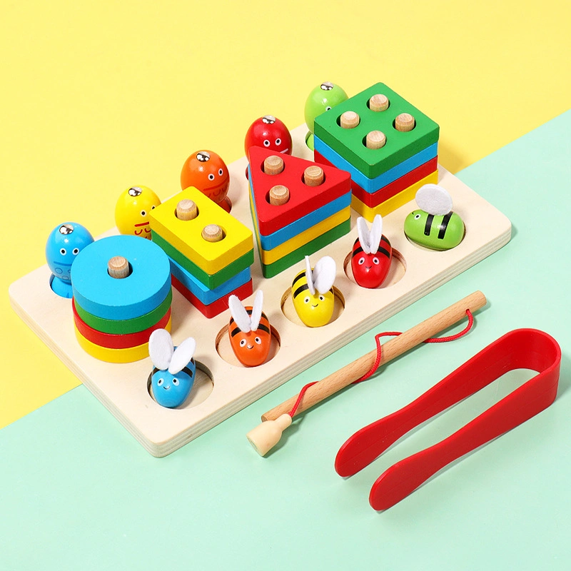 Montessori Multifunction Board Fishing Wooden Toys Geometric Cognition Kids Math Toys Early Educational Toys for Children