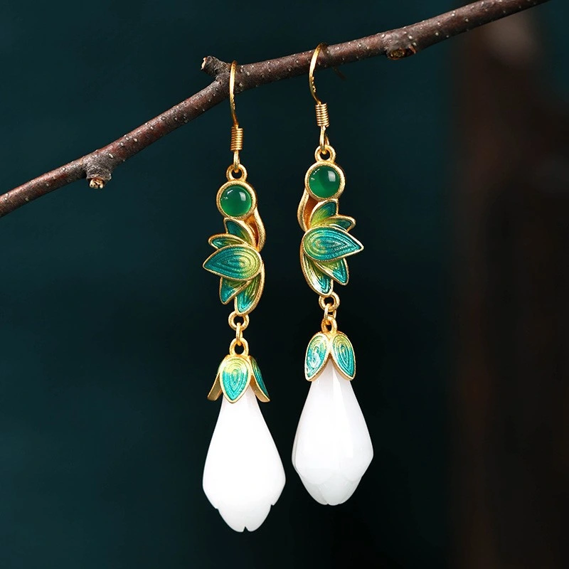 Chinese Design Cold Enamel Craft Jade Retro Earrings