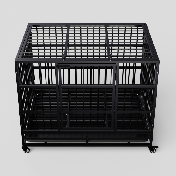 Cage pour chiens d'extérieur portable de 48 pouces, double porte intérieure noire Métal robuste pliage fils en acier Crate pour animaux de grande taille Cage pour chiens