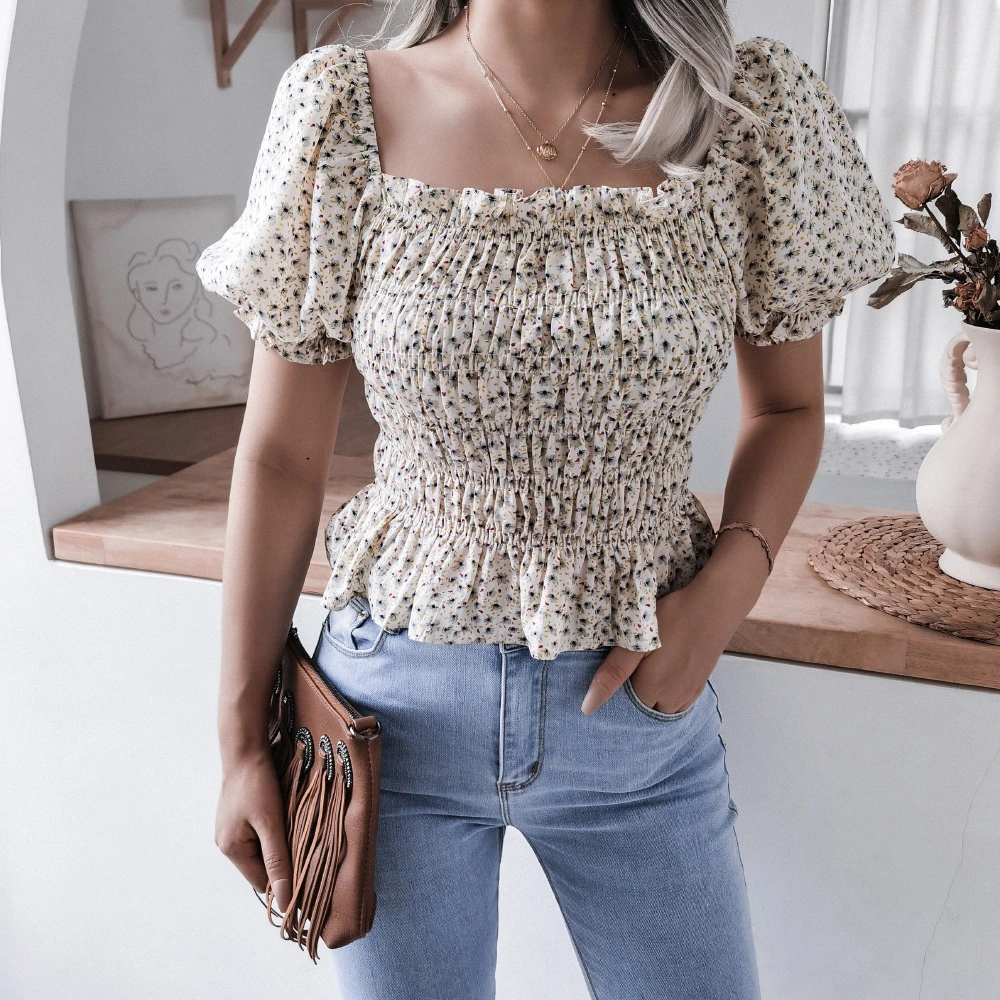 New Fashion Ladies Summer Square Collar Lantern Sleeve Ruffled Floral Chiffon Shirt Top