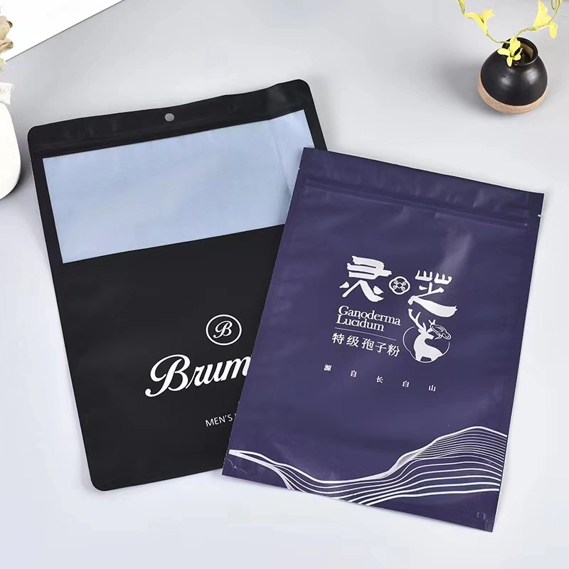 Plastic Flexible Soft Packaging Mylar Cloth Underwear Packed Zipper Bag Custom Logo Matte Black Snack Hanghole Pouch