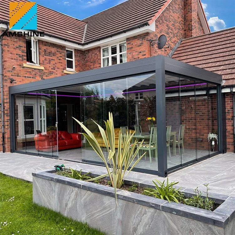 Pérgola de aluminio Louvered bioclimática Kits de techo retráctil de alta calidad de Control Remoto mirador al aire libre Muebles de jardín con puerta de vidrio