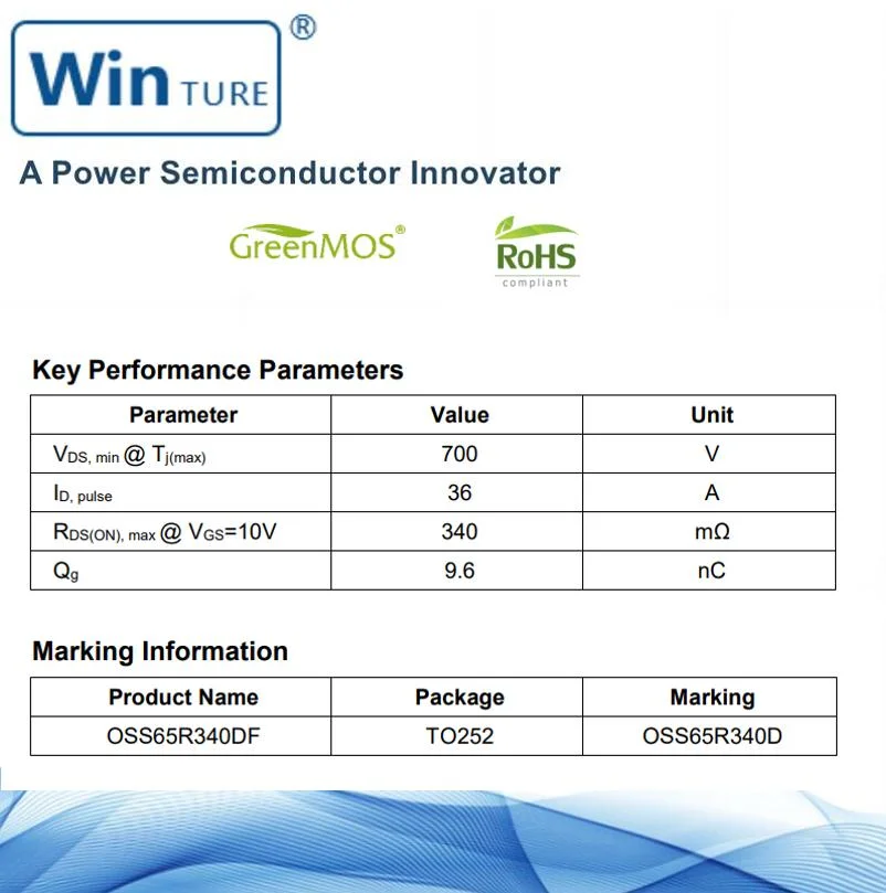 Telecom Power RoHS 1/3 coût du nitrure de Gallium (GAN) Circuit en fonctionnement haute fréquence MOSFET Super si Oss65r340df TO252